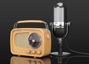 Retro radyo ve Vintage mikrofon. 3D render