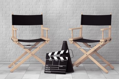 Müdür koltukları, film Clapper ve megafon. 3D render