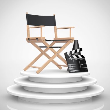 Yönetmen koltuğu, film Clapper ve megafon yuvarlak sahne üzerinde. 3D