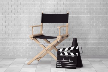 Yönetmen koltuğu, film Clapper ve megafon. 3D render