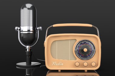 Retro radyo ve Vintage mikrofon. 3D render