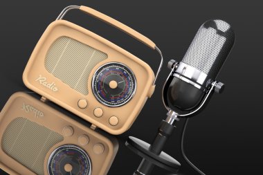 Retro radyo ve Vintage mikrofon. 3D render