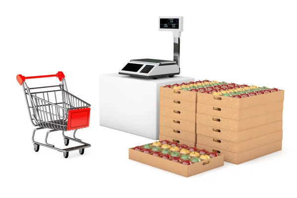 Balanças eletrônicas para pesagem de alimentos com caixas de maçãs . — Fotografia de Stock