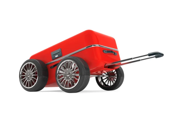 Rode moderne koffer met banden wielen. 3D-rendering — Stockfoto