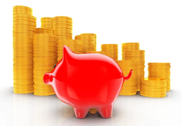 Piggybank com pilhas de moedas. Renderização 3d — Fotografia de Stock