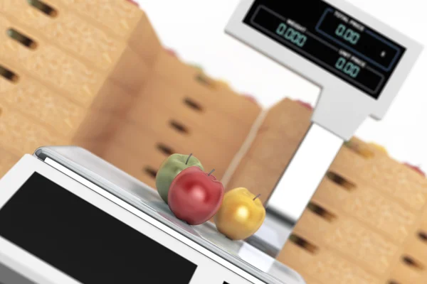 Электронные весы для взвешивания пищевых продуктов с яблочными коробками. 3d Render — стоковое фото
