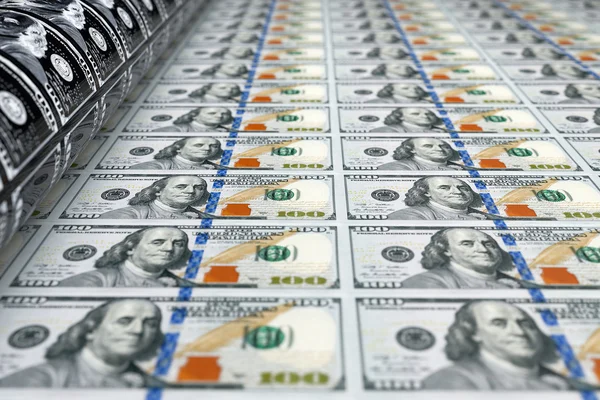 Yazdırma para 100 dolarlık banknotlar. 3D render — Stok fotoğraf