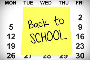 Sarı not kağıdına takvim üzerinde okul işaretine geri. 3D Ren