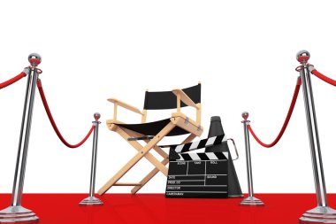 Yönetmen koltuğu, film Clapper ve megafon ile kırmızı halı üzerinde