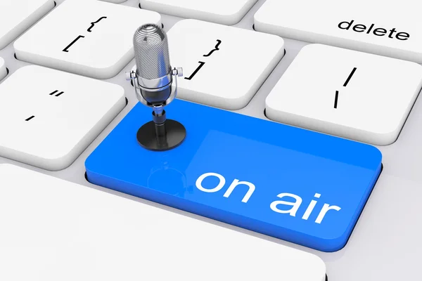 Online Media Concept. Blue On Air Button with Microphone. 3d Ren — Stock Photo, Image