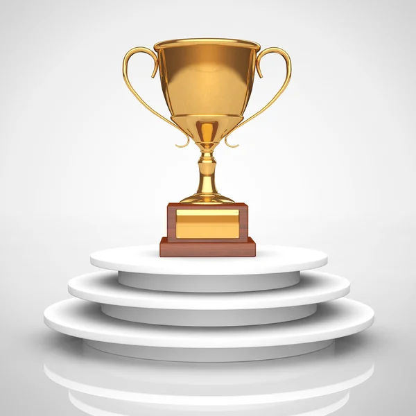 Golden Trophy over Podium. 3d Rendering — Stock Photo, Image