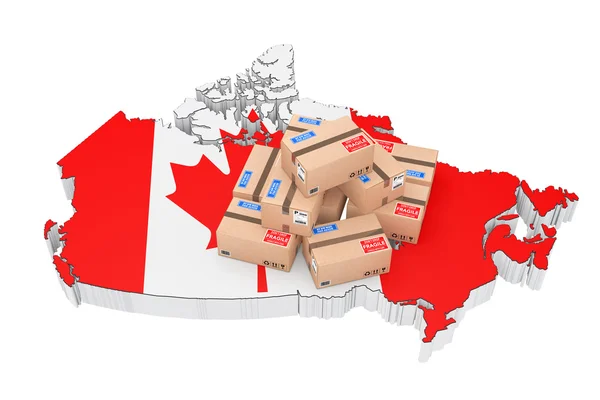 Online αγορές στην έννοια του Καναδά. Δέματα πάνω από το χάρτη του Καναδά. 3D R — Φωτογραφία Αρχείου