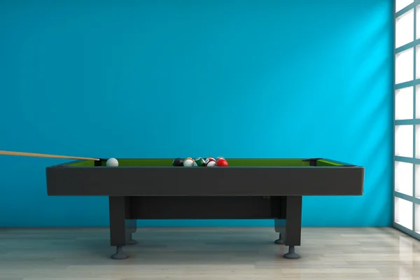 Mesa de bilhar com conjunto de bolas e Cue. Renderização 3d — Fotografia de Stock