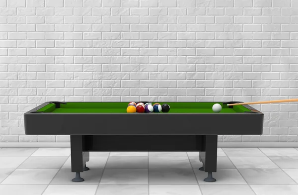 Mesa de billar con conjunto de bolas y Cue. Renderizado 3d —  Fotos de Stock