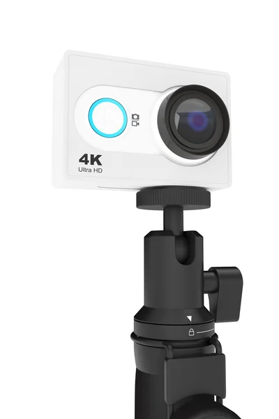 Small Ultra HD Action Camera with Extensible Selfie Stick Monopo — Stock Photo, Image