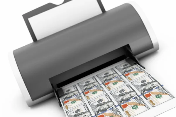 Desktop-Drucker zu Hause Geld gedruckt. 3D-Darstellung — Stockfoto