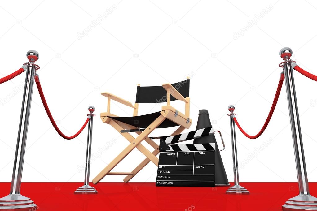 Director Chair, Movie Clapper and Megaphone over Red Carpet with
