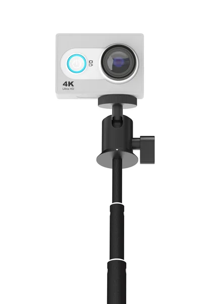 Small Ultra HD Action Camera with Extensible Selfie Stick Monopo — Stock Photo, Image