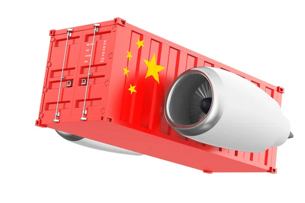 Flugzeugtriebwerk mit Schiffscontainer unter chinesischer Flagge. 3d rende — Stockfoto