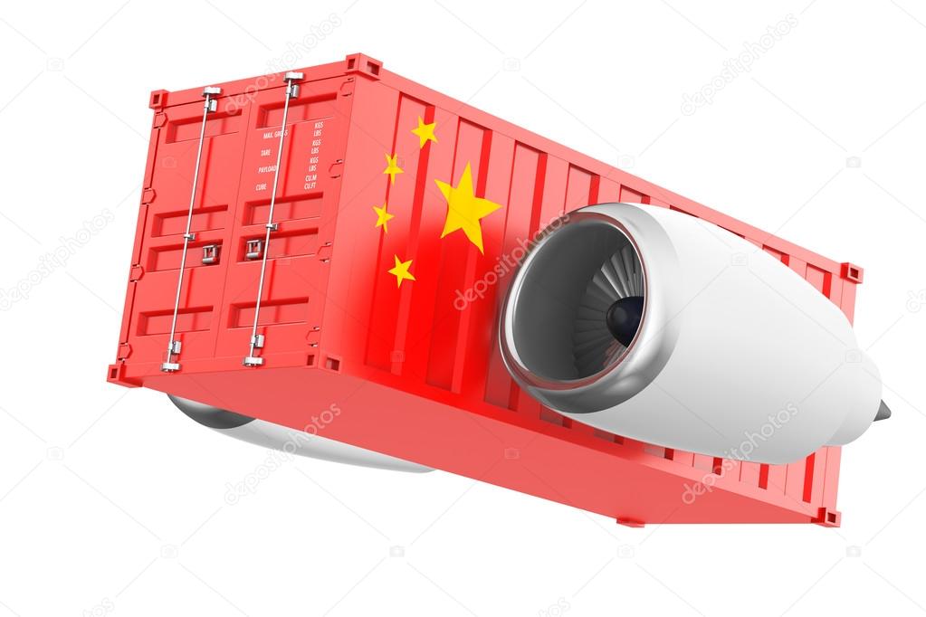 Aircraft Jet Engine with China Flag Shipping Container. 3d Rende