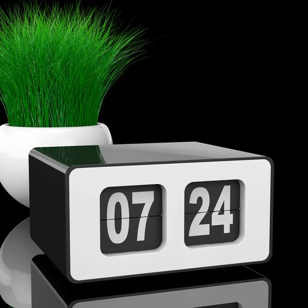 Vintage Flip Clock with Grass in White Ceramics Planter. 3d Rend — Stock Photo, Image