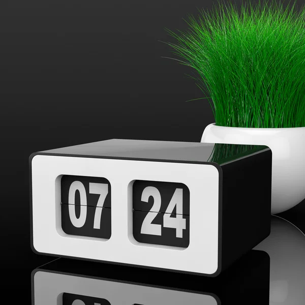 Vintage Flip Clock with Grass in White Ceramics Planter. 3d Rend — Stock Photo, Image