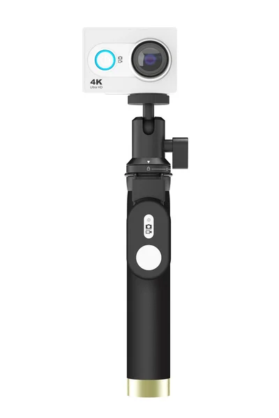 Small Ultra HD Action Camera with Extensible Selfie Stick Monopo — Stock Photo, Image