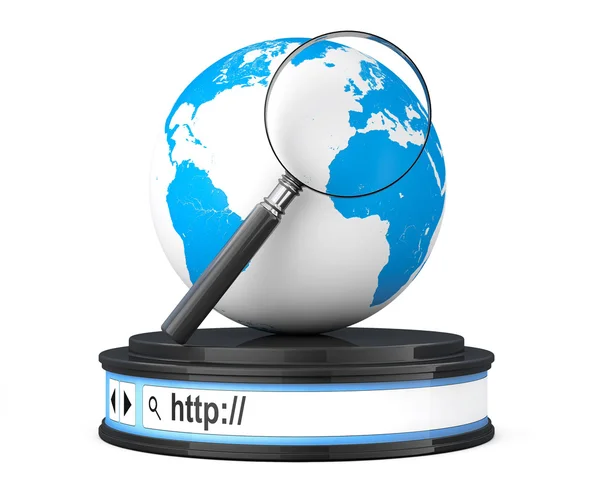 Earth Globe with Magnifier over Browser Address Bar as Round Pla — Stock Photo, Image