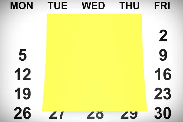 Σημείωση κίτρινο χαρτί πάνω από το ημερολόγιο. απόδοσης 3D — Φωτογραφία Αρχείου