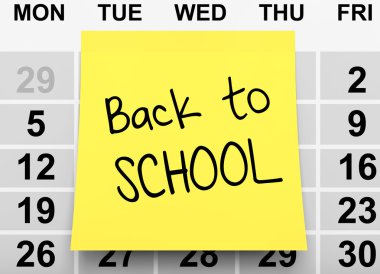 Sarı not kağıdına takvim üzerinde okul işaretine geri. 3D Ren