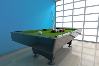 Bilardo masası topları ile ayarla ve başla. 3D render