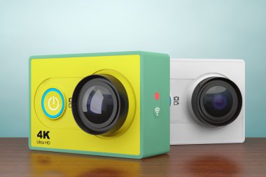 Eski stil fotoğraf. Küçük Ultra Hd aksiyon fotoğraf makinesi. 3D render