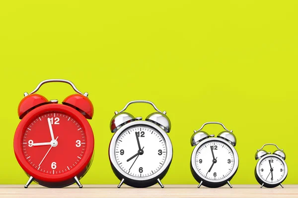 Relógios de alarme vintage com único vermelho. Renderização 3d — Fotografia de Stock