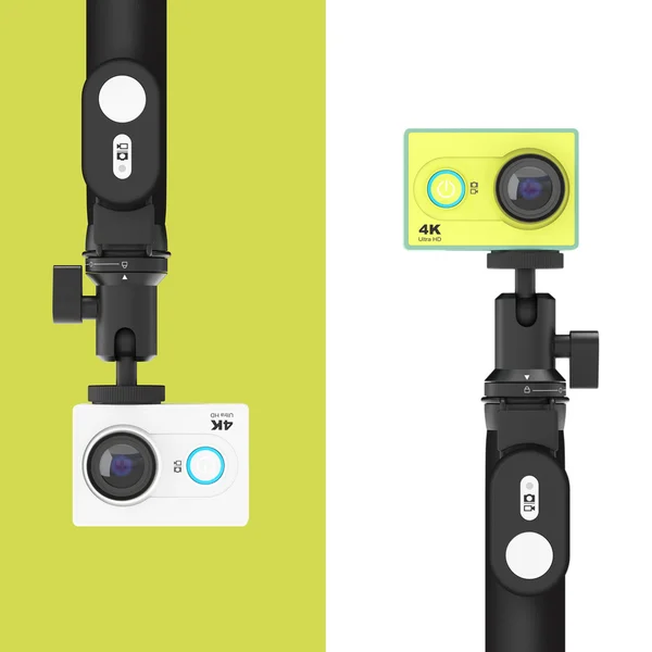 Small Ultra HD Action Cameras with Extensible Selfie Stick Monop — Stock Photo, Image