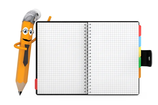 Postać z kreskówki ołówek w pobliżu osobisty pamiętnik lub organizatora książki w — Zdjęcie stockowe