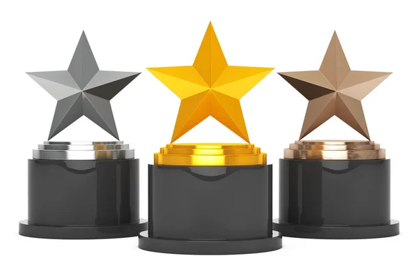 Gouden, zilveren en bronzen ster Awards. 3D-rendering — Stockfoto