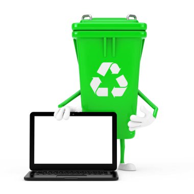 Geri Dönüşüm İşareti Yeşil Çöp Kutusu Karakteri Maskotu ve beyaz arka planda Beyaz Ekranlı Modern Laptop Bilgisayarı. 3d Hazırlama