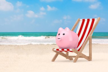 Okyanus kıyısında domuz kumsalı olan ahşap plaj sandalyesi ya da Sea Sand Beach çok yakın çekim. 3d Hazırlama 