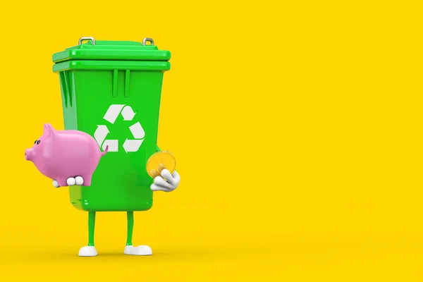 Återvinn Sign Green Garbage Trash Bin Character Mascot Med Piggy — Stockfoto