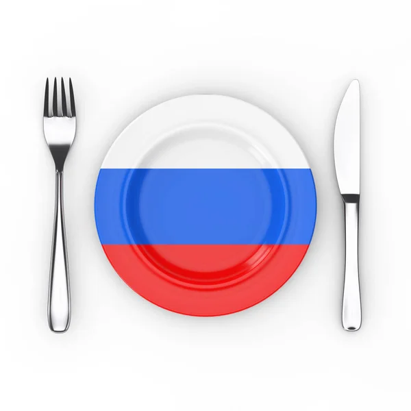 ロシア料理や料理の概念 白い背景にロシアンフラッグ付きフォーク ナイフ プレート 3Dレンダリング — ストック写真