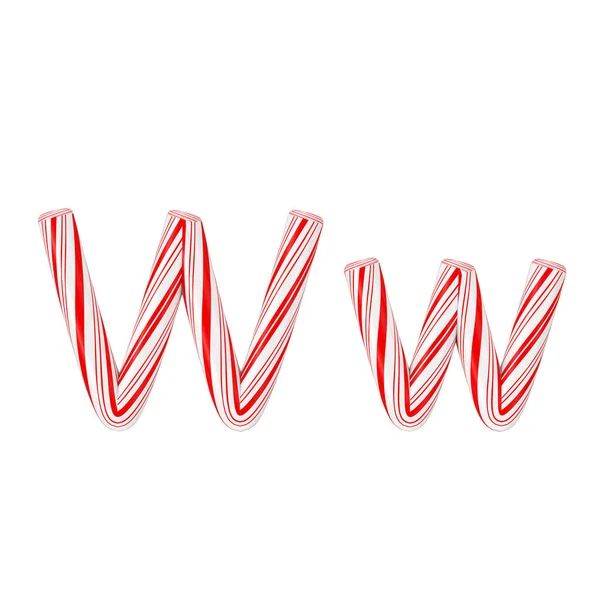 信件W薄荷糖果糖果拼字集条纹在白色背景的红色圣诞颜色 3D渲染 — 图库照片
