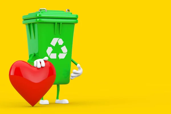 Recycle Sign Verde Lixo Lixo Bin Personagem Mascote Com Coração — Fotografia de Stock