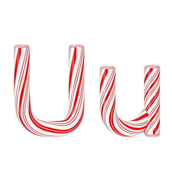 手紙Uミントキャンディーケーンアルファベットコレクション白い背景に赤いクリスマスカラーで縞模様 3Dレンダリング — ストック写真