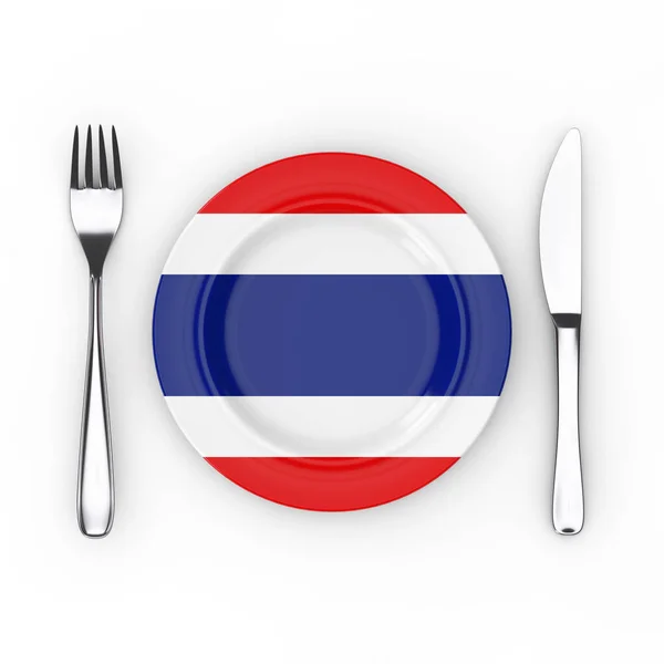 Ταϊλάνδη Τρόφιμα Κουζίνα Concept Πιρούνι Μαχαίρι Και Πιάτο Ταϊλανδέζικη Σημαία — Φωτογραφία Αρχείου
