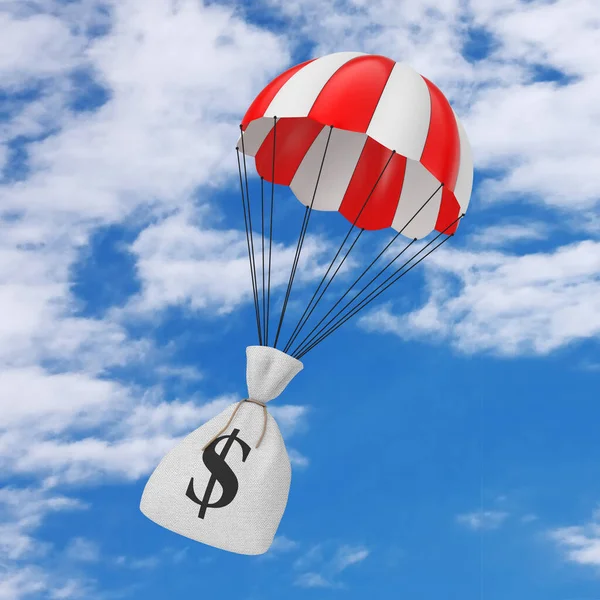 Help with Fast Money Concept. Tied Rustic Canvas Linen Money Sack or Money Bag with Dollar Sign Falling with Parachute on a blue sky background. 3d Rendering