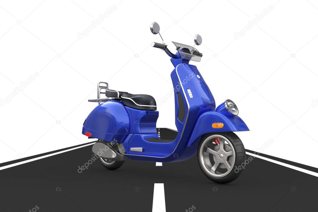 Blue Classic Vintage Retro or Electric Scooter over Asphalt Road on a white background. 3d Rendering 