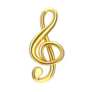 Müzik konsepti. Beyaz arka planda Altın Üçlü Anahtar tabelası. 3d Hazırlama 