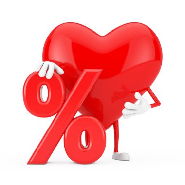 Kırmızı Kalp Karakteri Maskotu. Beyaz arka planda Kırmızı Perakende Satış veya İndirim Tabelaları var. 3d Hazırlama