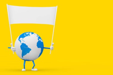 Dünya Küre Karakteri Maskotu ve Boş Beyaz Sancak Tasarımınız İçin Boş Alan Sarı arka planda. 3d Hazırlama