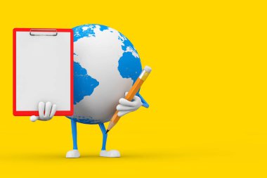 Sarı zemin üzerinde Kırmızı Plastik Pano, Kağıt ve Kalem olan Dünya Küre Karakteri Maskotu. 3d Hazırlama